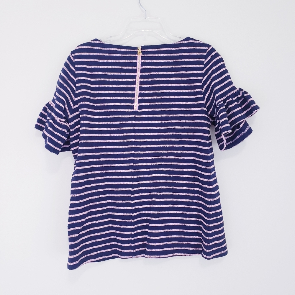Sail to Sable Navy Blue Pink Stripe Ruffle Sleeve French Terry Blouse Medium - Picture 9 of 12
